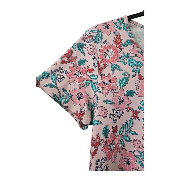 Lands' End Shift Dress MEDIUM 100% Cotton Floral Stretch S/S Pink Green Casual - Picture 3 of 8